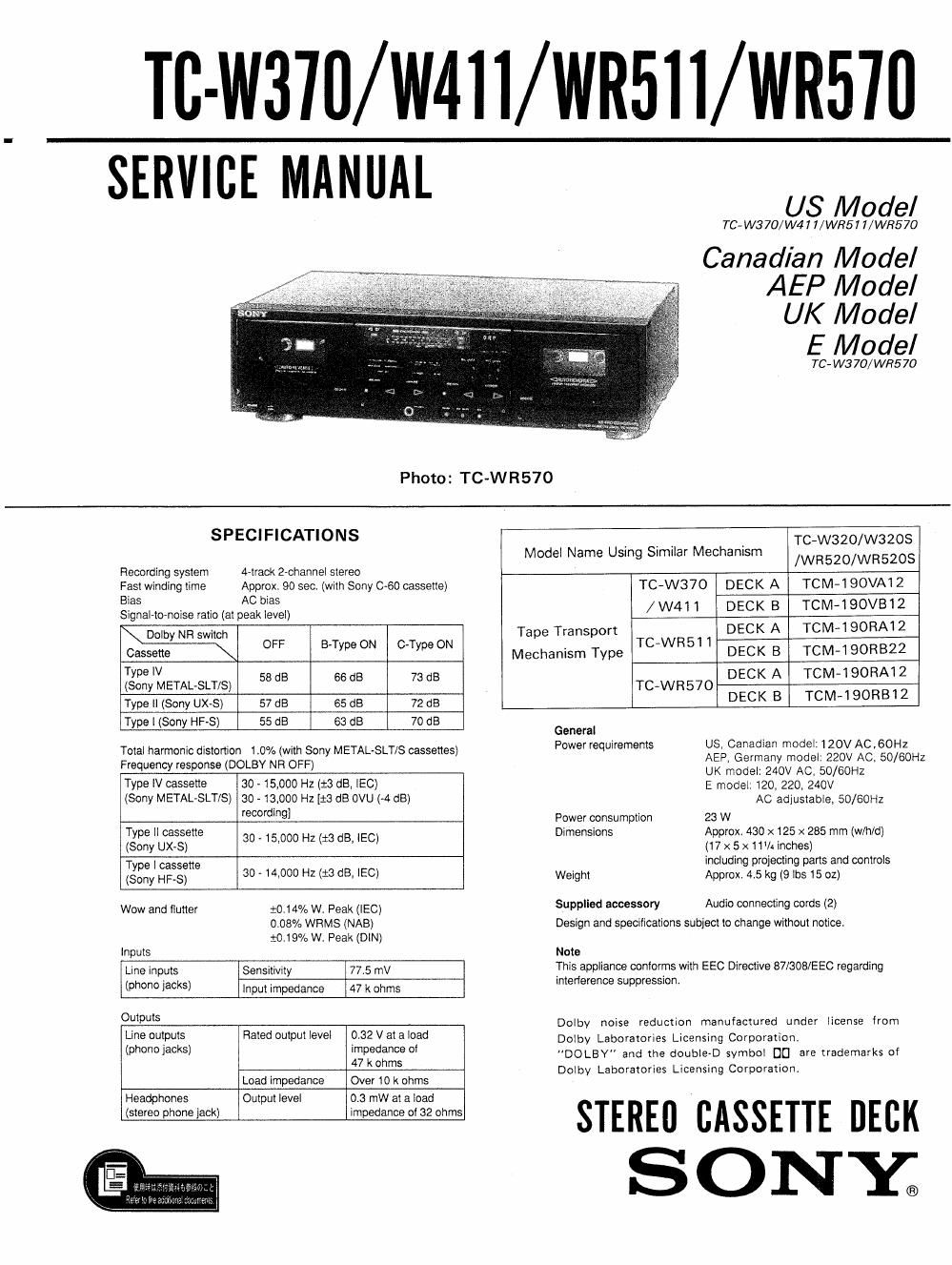 sony tc wr 511 service manual