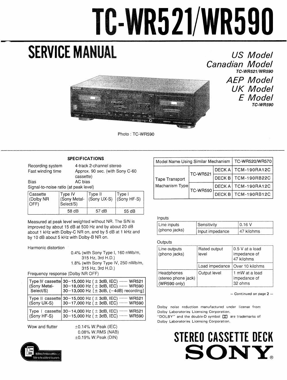 sony tc wr 521 service manual