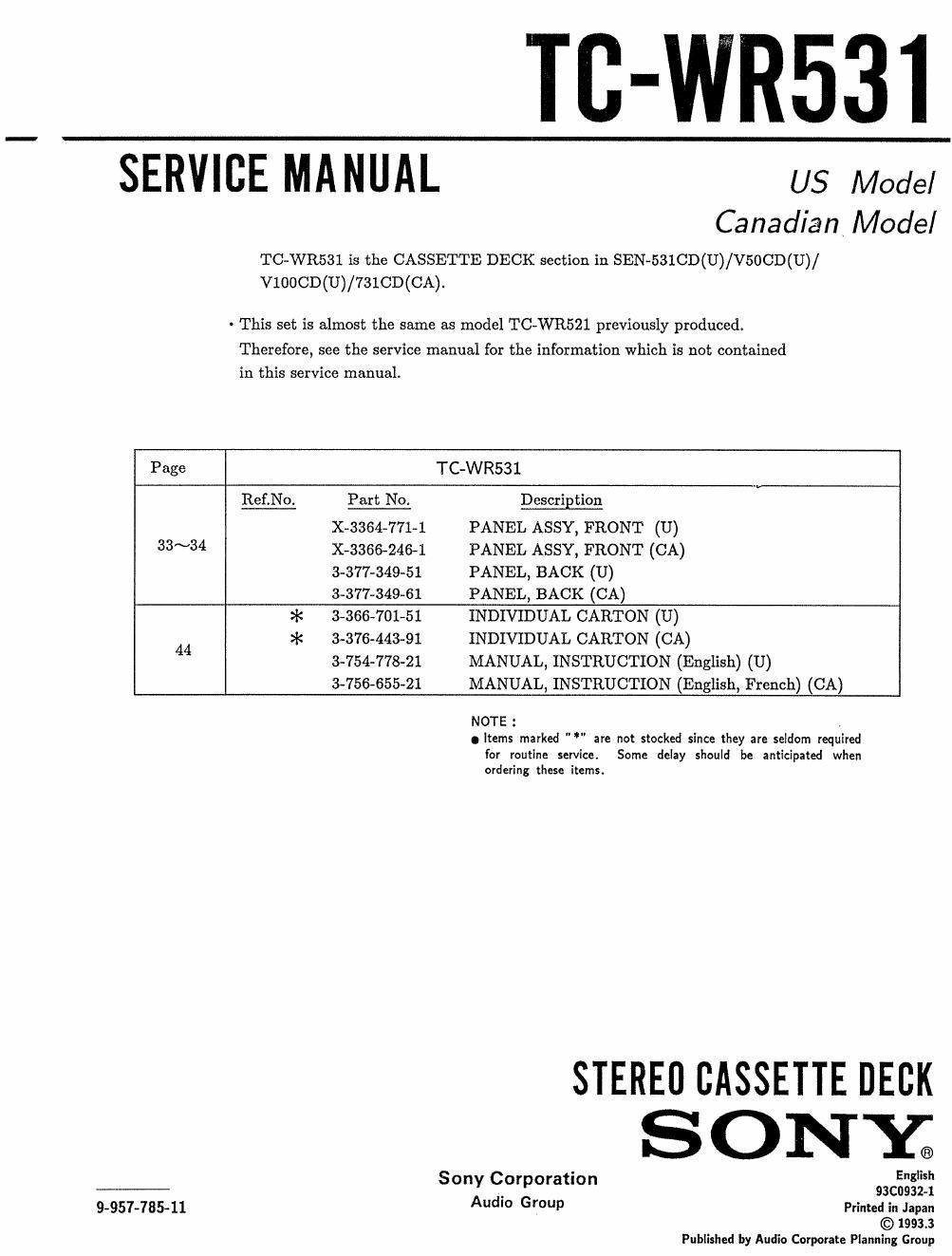sony tc wr 531 service manual