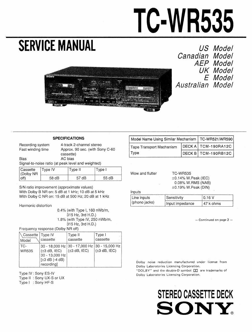 sony tc wr 535 service manual