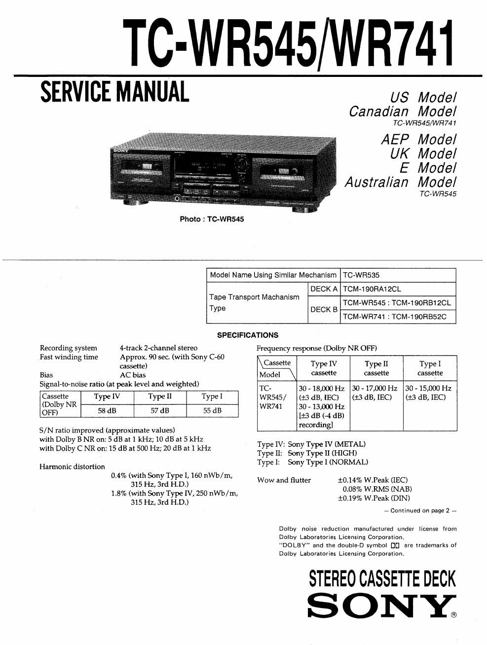 sony tc wr 545 service manual