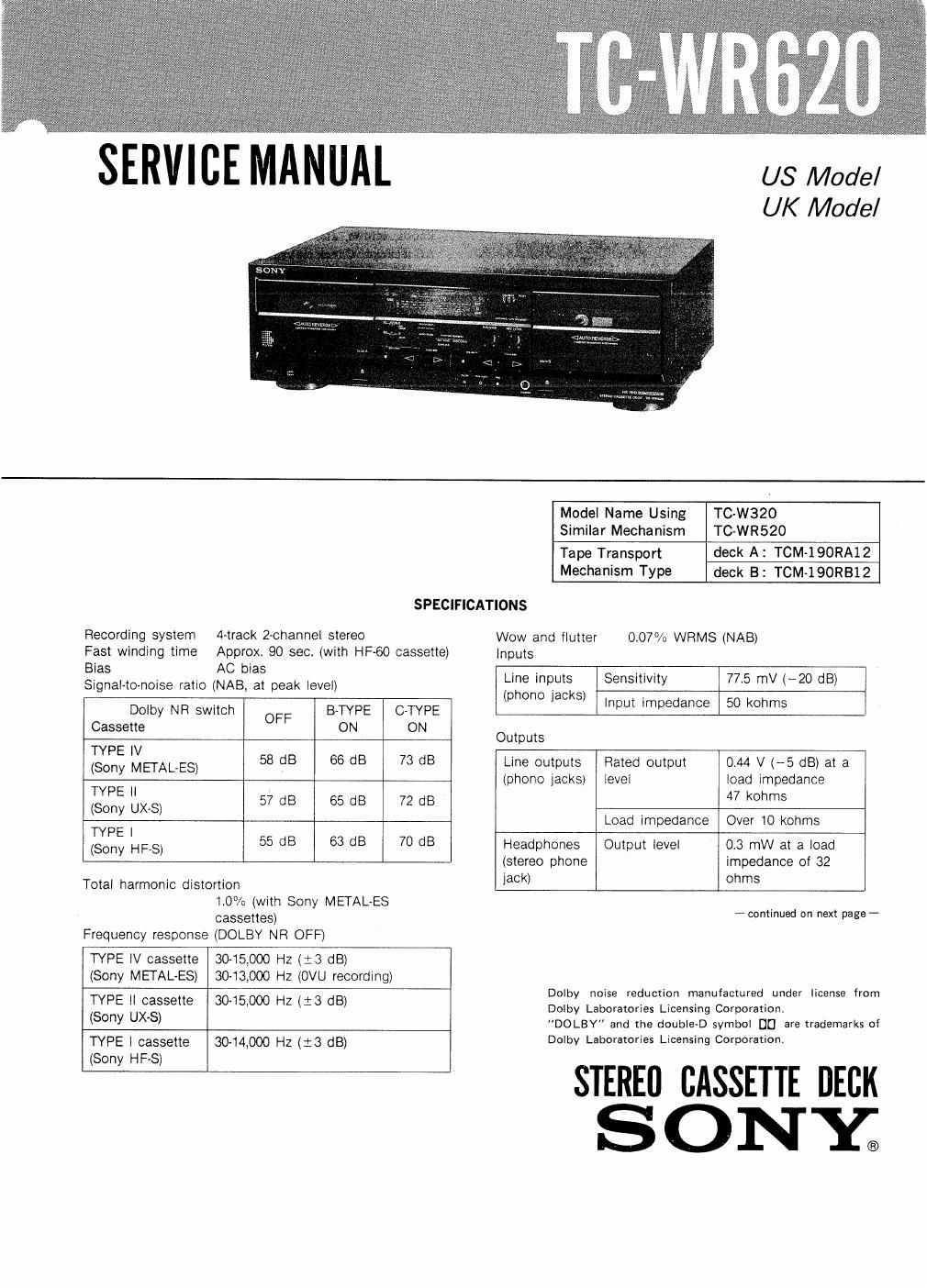 sony tc wr 620 service manual