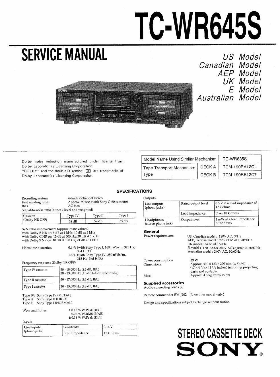 sony tc wr 645 s service manual