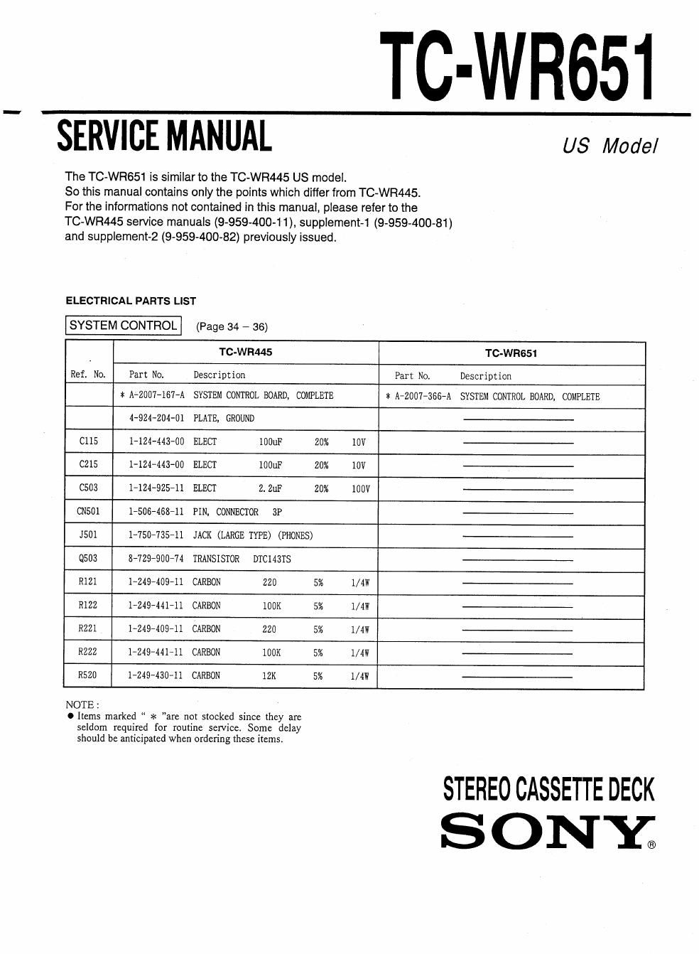 sony tc wr 651 service manual