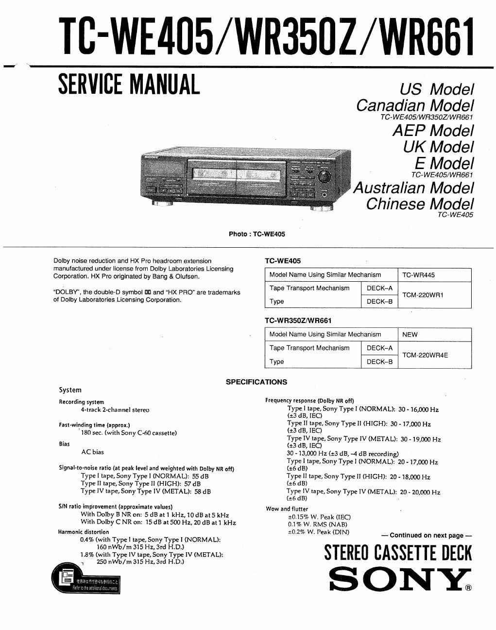 sony tc wr 661 service manual
