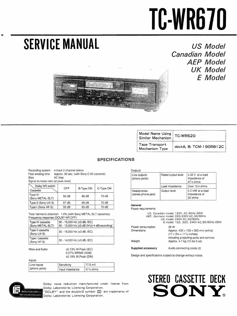 sony tc wr 670 service manual