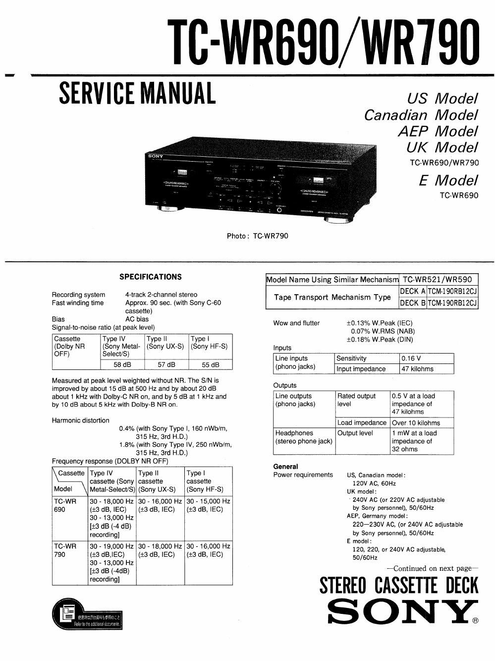 sony tc wr 690 service manual