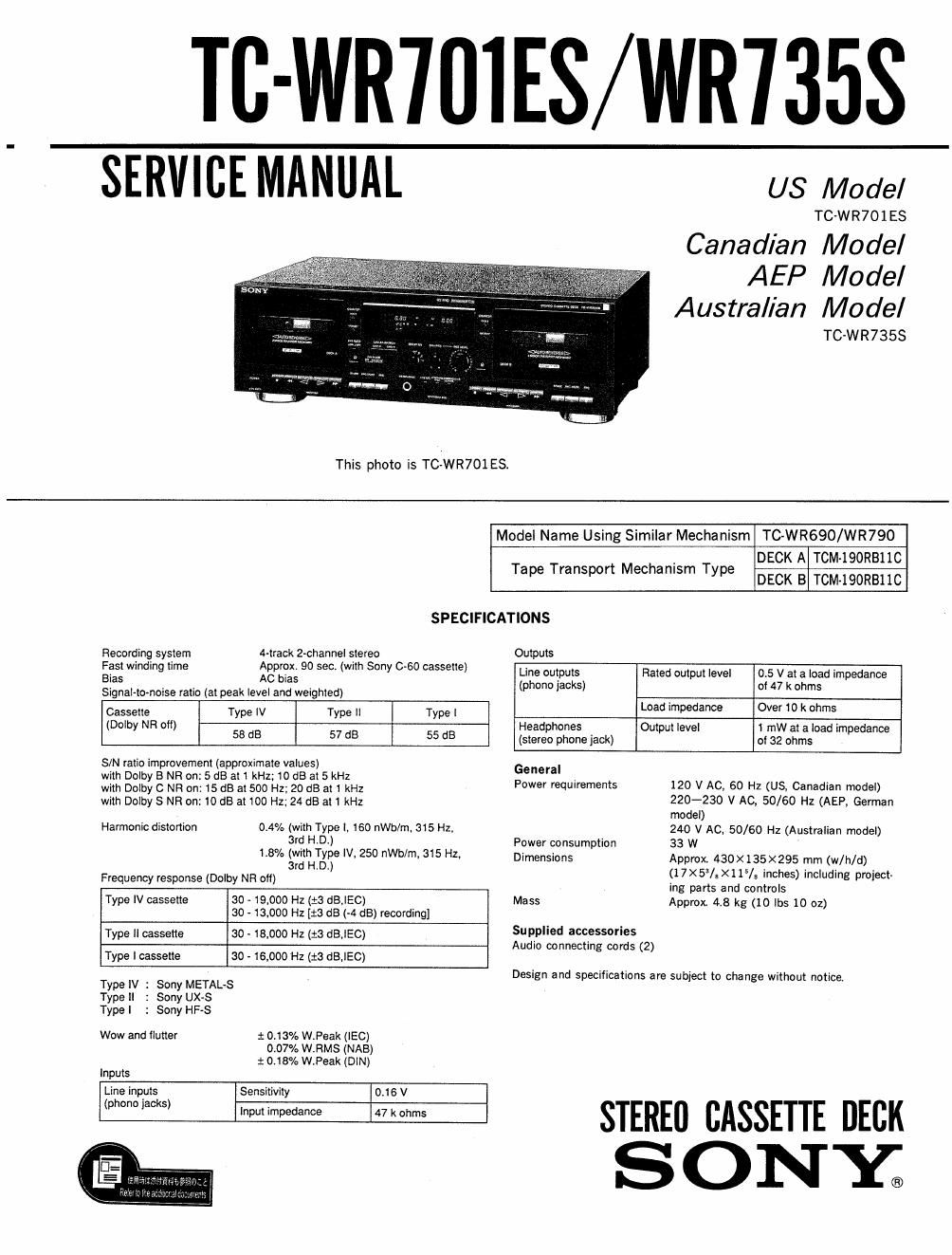 sony tc wr 701 es service manual