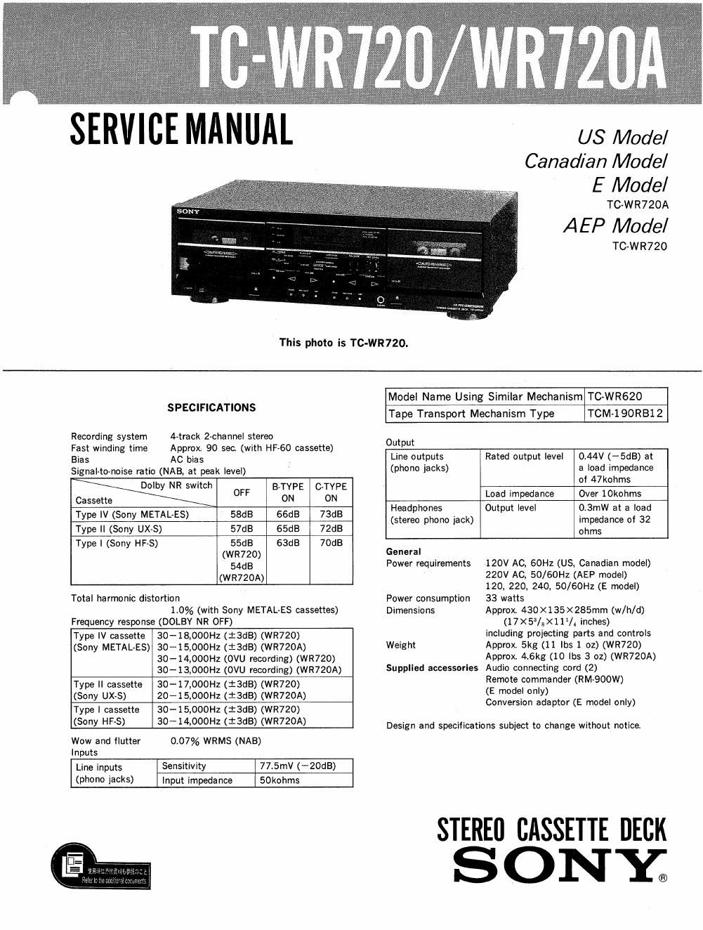 sony tc wr 720 service manual