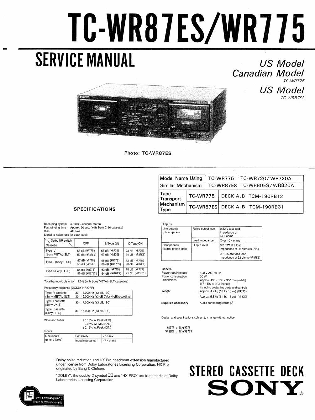 sony tc wr 775 service manual