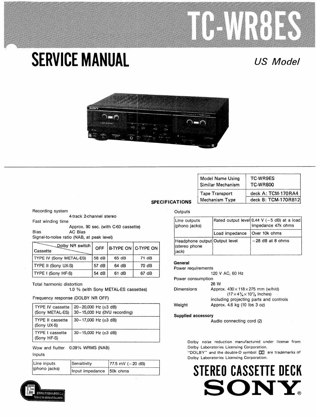 sony tc wr 8 es service manual