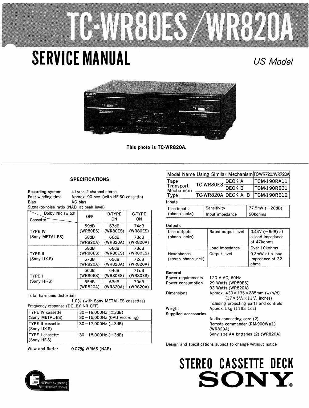 sony tc wr 820 a service manual