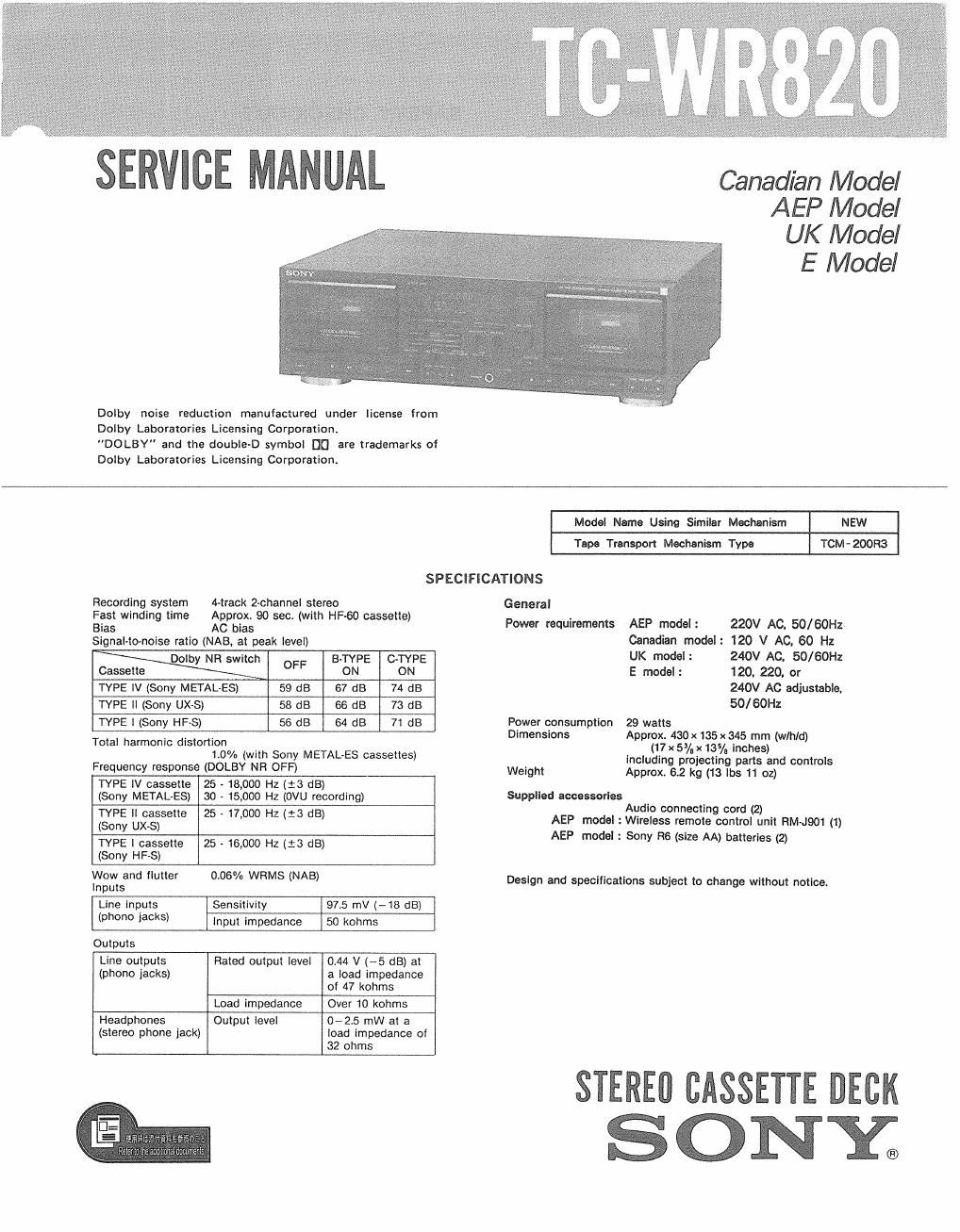 sony tc wr 820 service manual