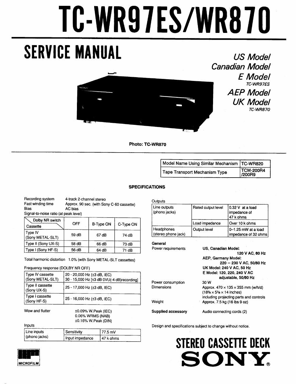 sony tc wr 870 service manual
