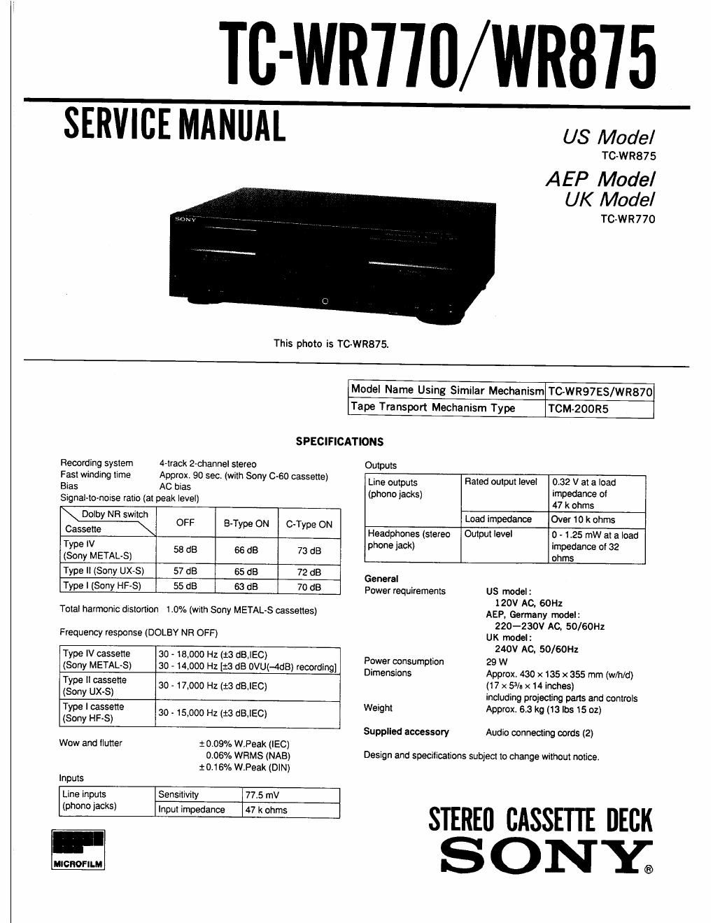 sony tc wr 875 service manual