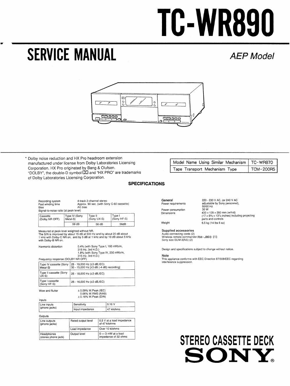 sony tc wr 890 service manual