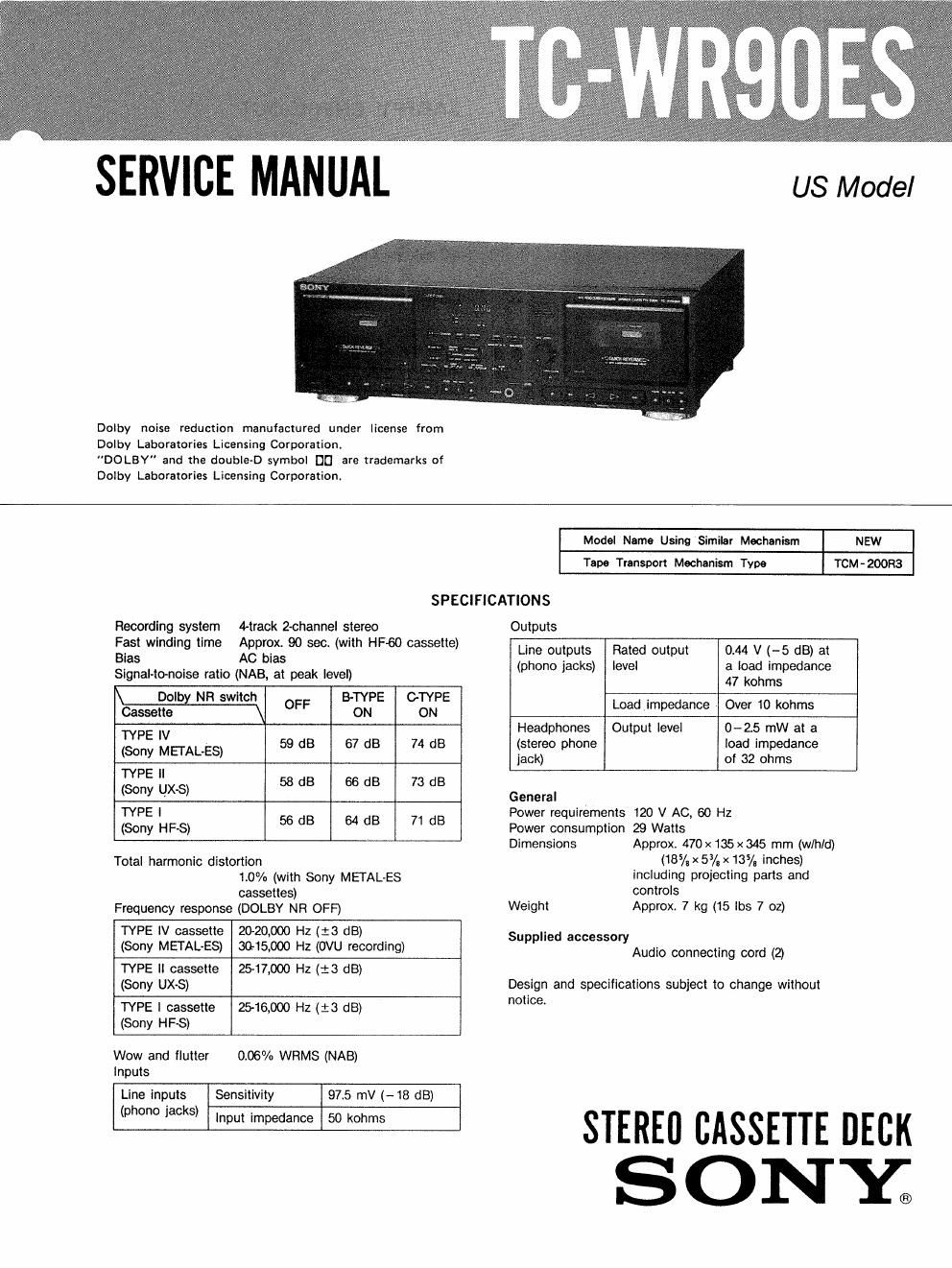 sony tc wr 90 es service manual