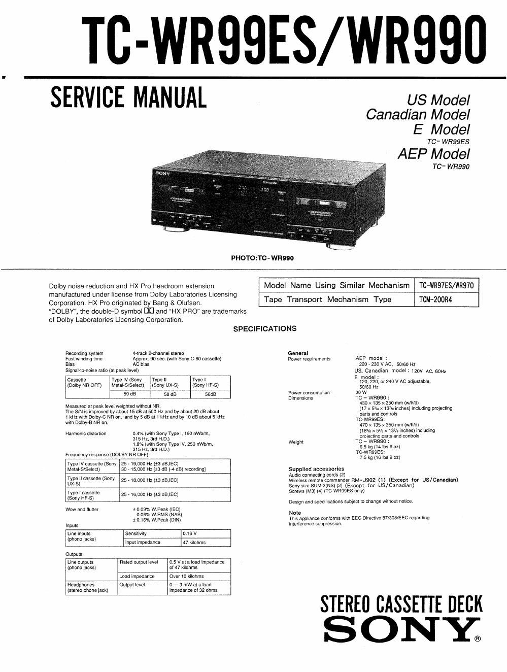 sony tc wr 99 es service manual