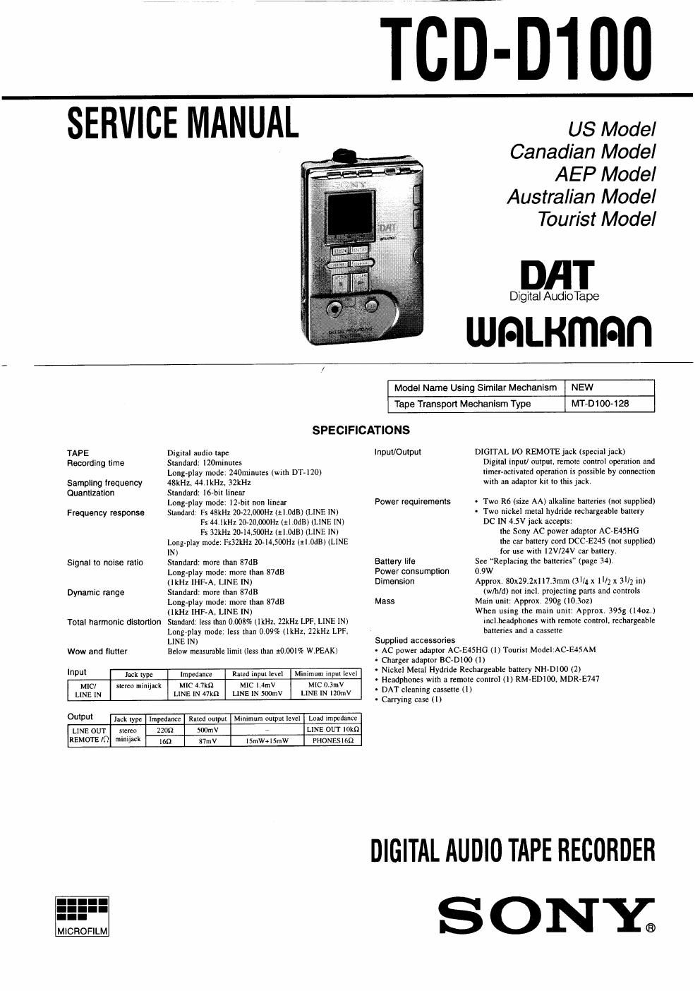 sony tcd d 100 service manual