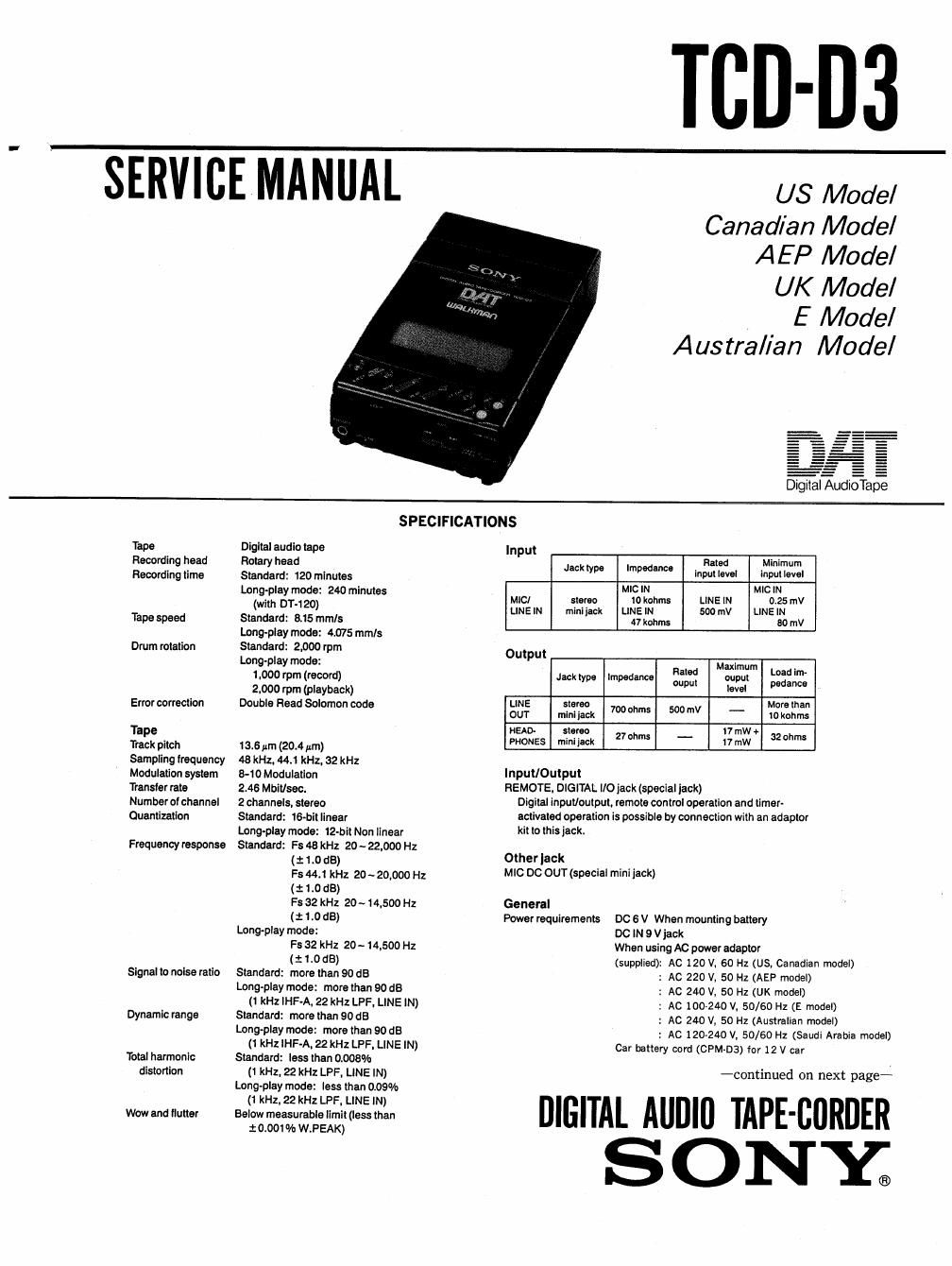 sony tcd d 3 service manual