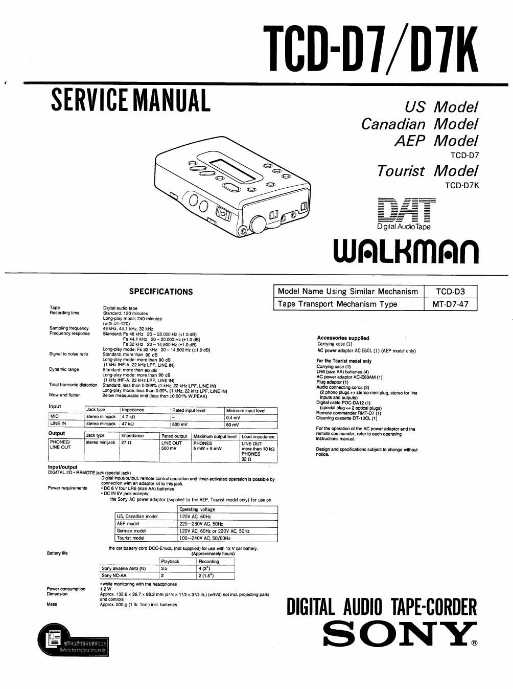 sony tcd d 7 service manual