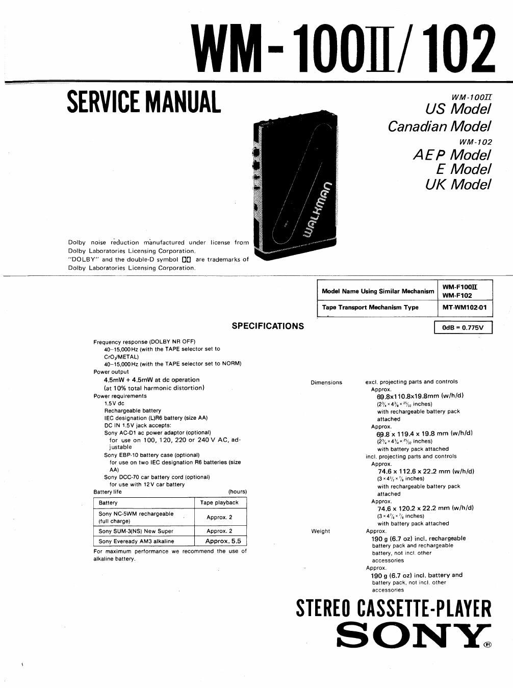 sony wm 100 mk2 service manual