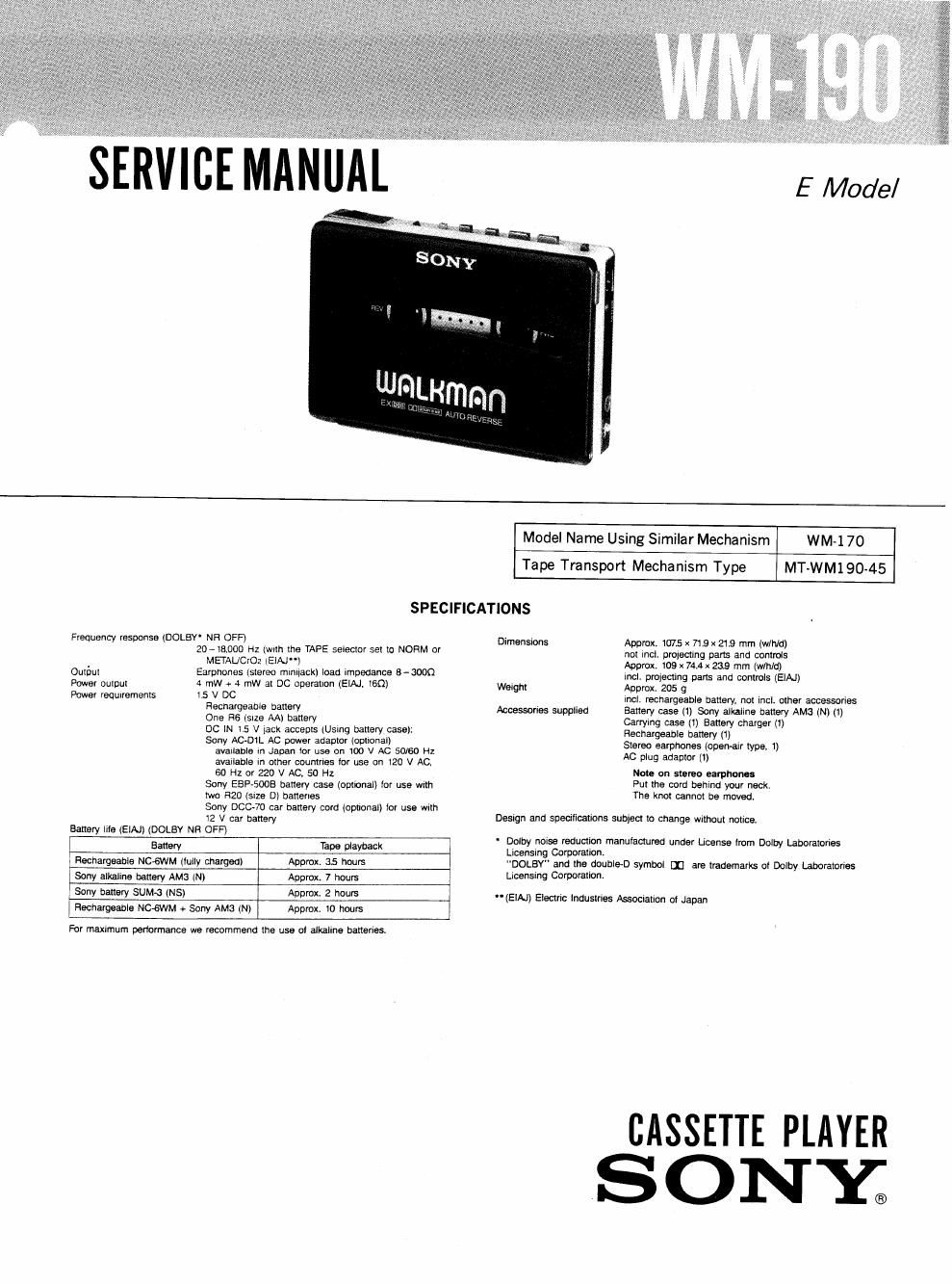 sony wm 190 service manual