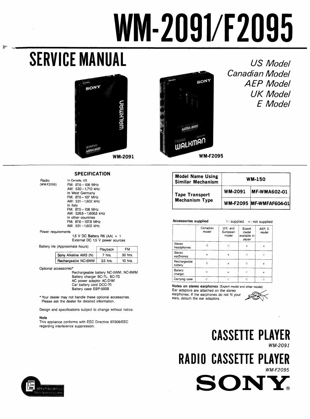 sony wm 2091 service manual