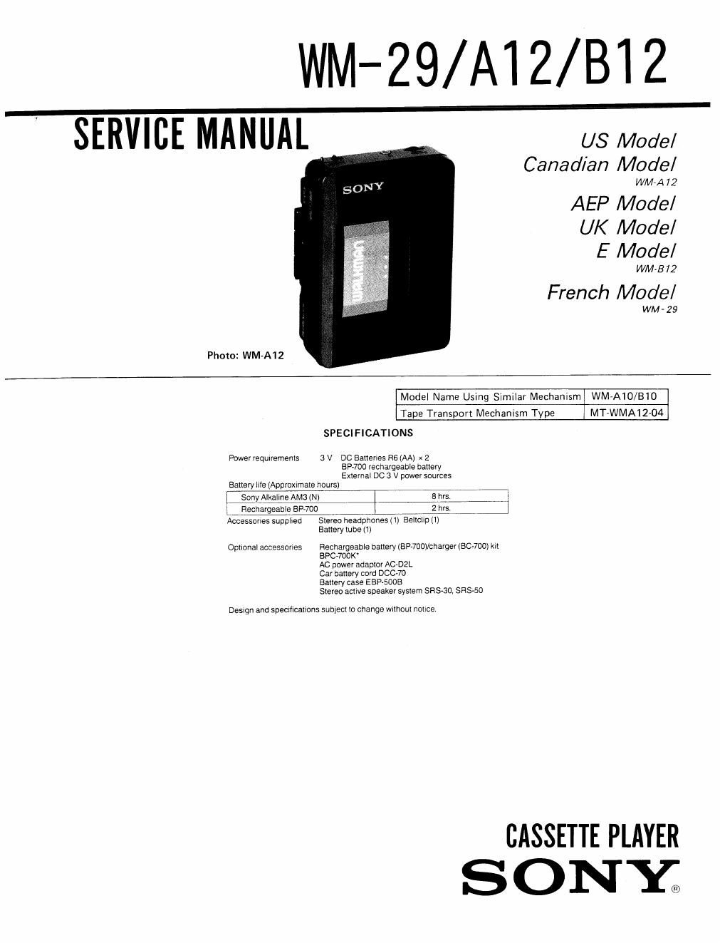 sony wm 29 service manual