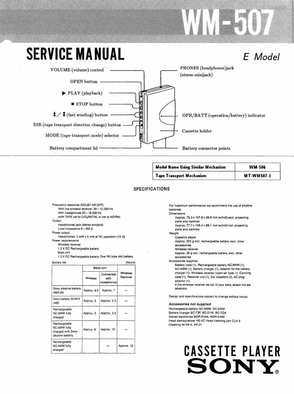 sony wm 507 service manual