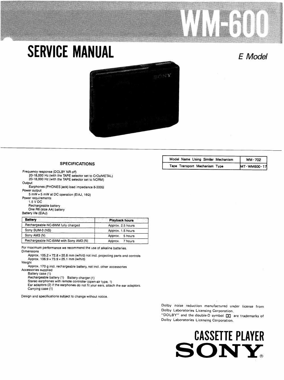 sony wm 600 service manual