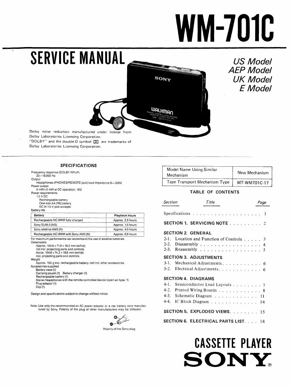 sony wm 701 c service manual