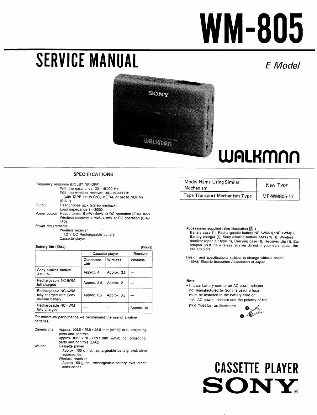 sony wm 805 service manual