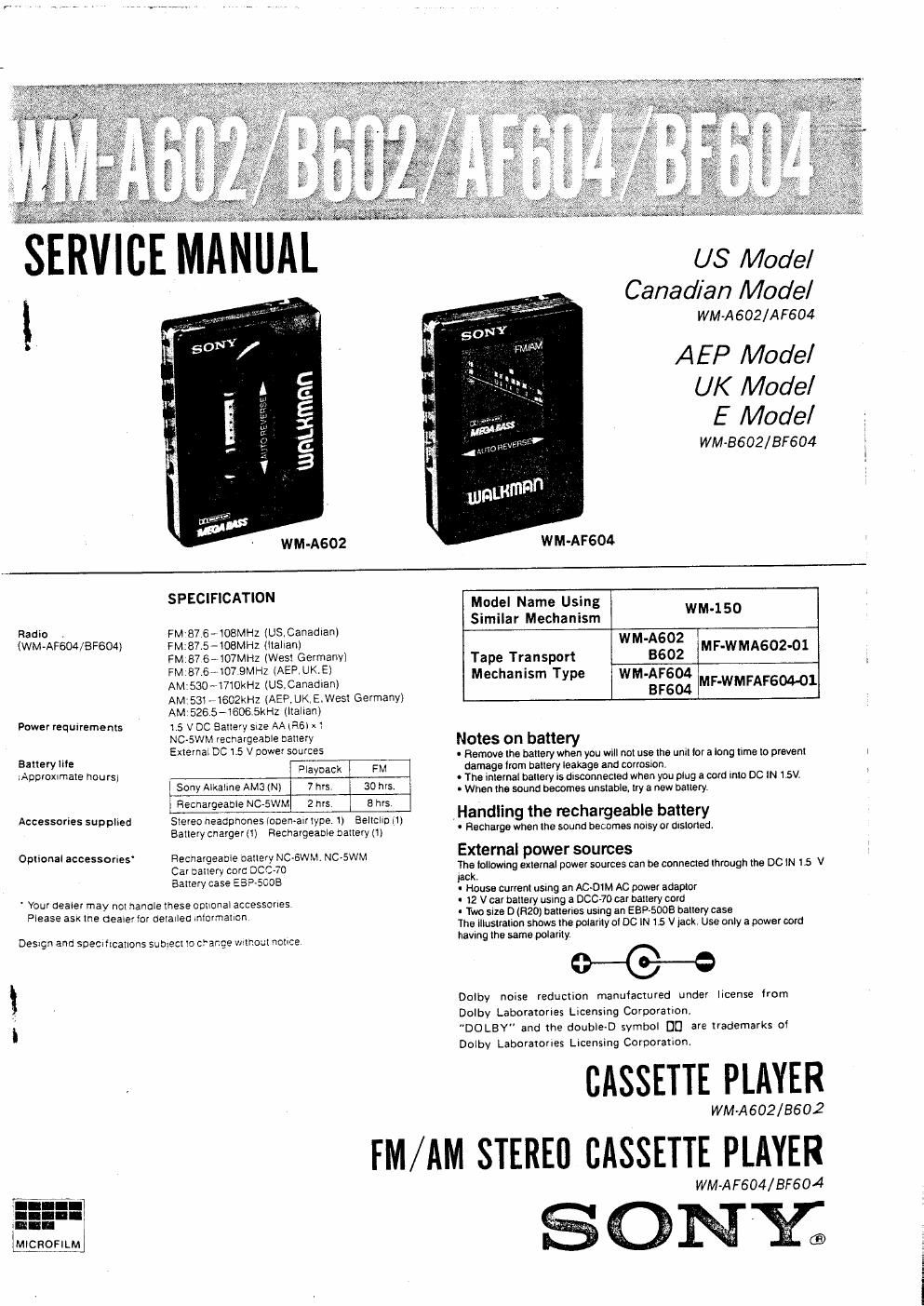 sony wm a 602 service manual