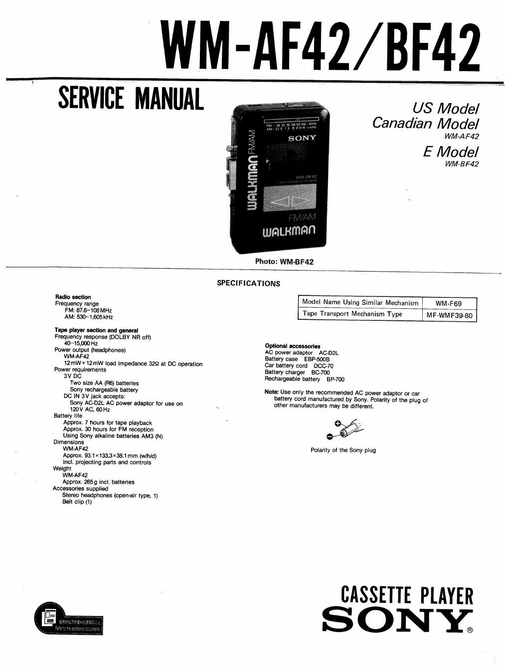 sony wm af 42 service manual