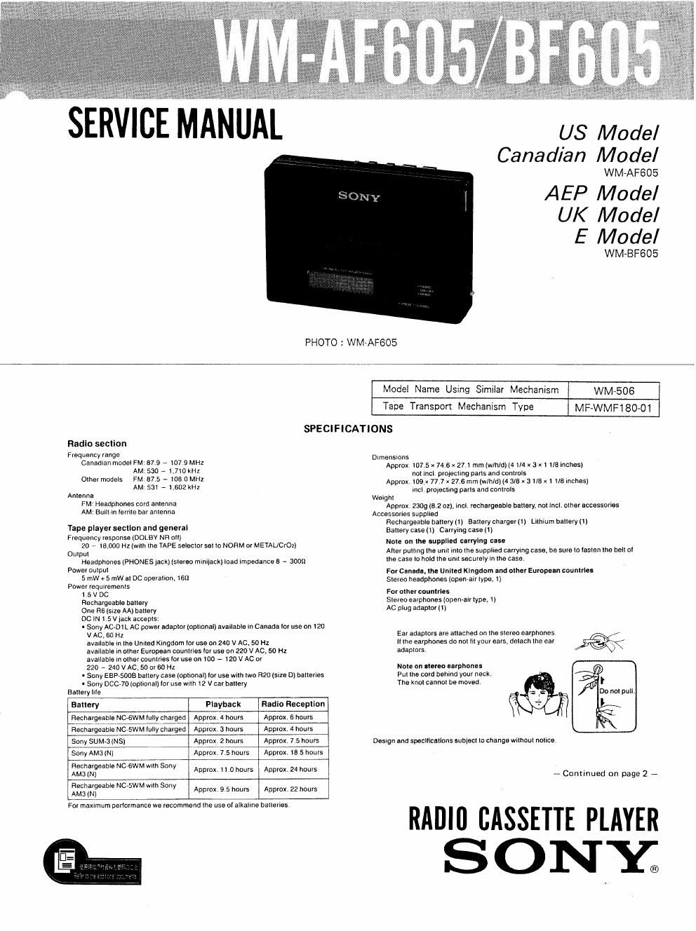 sony wm af 605 service manual