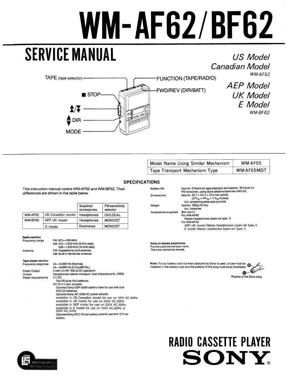 sony wm af 62 service manual
