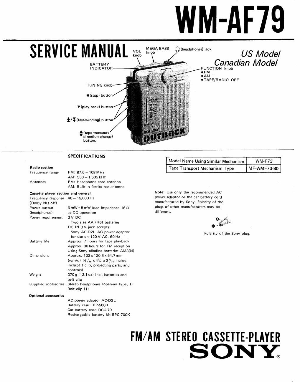 sony wm af 79 service manual