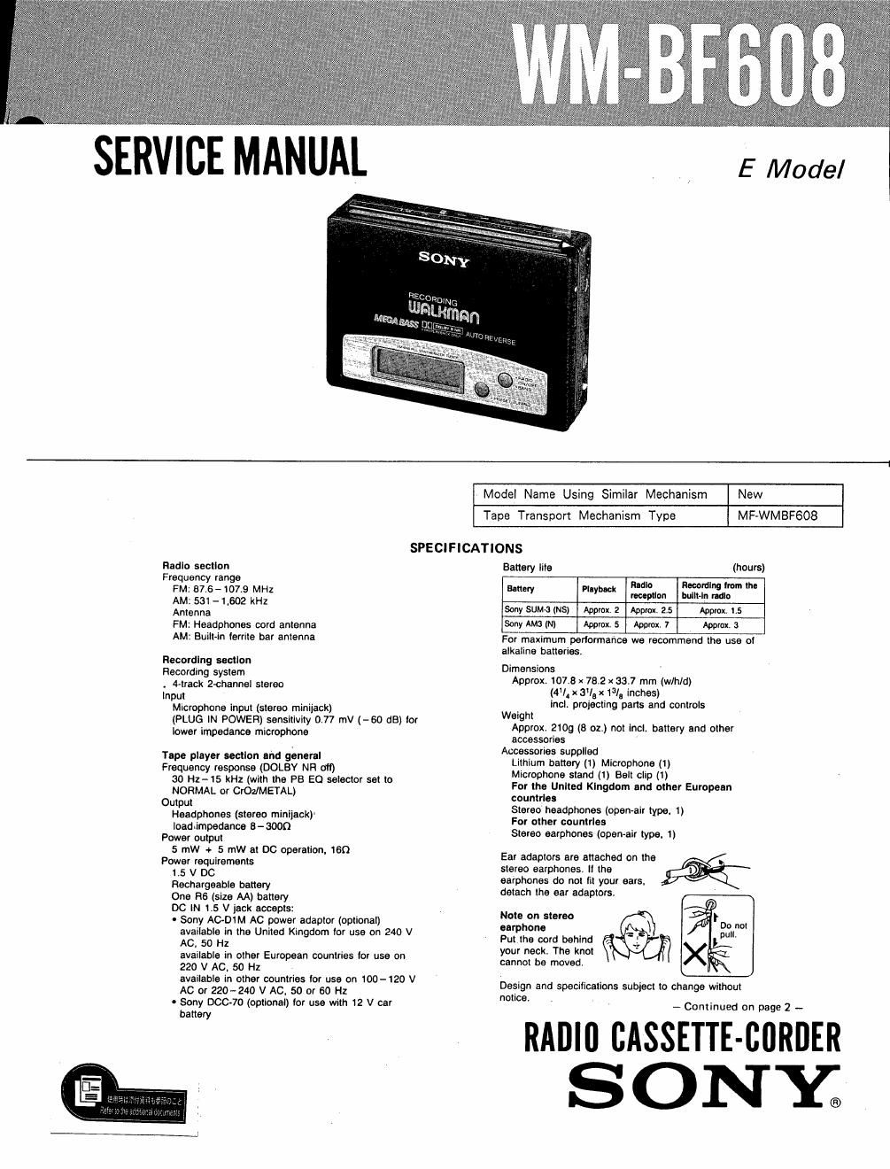 sony wm bf 608 service manual