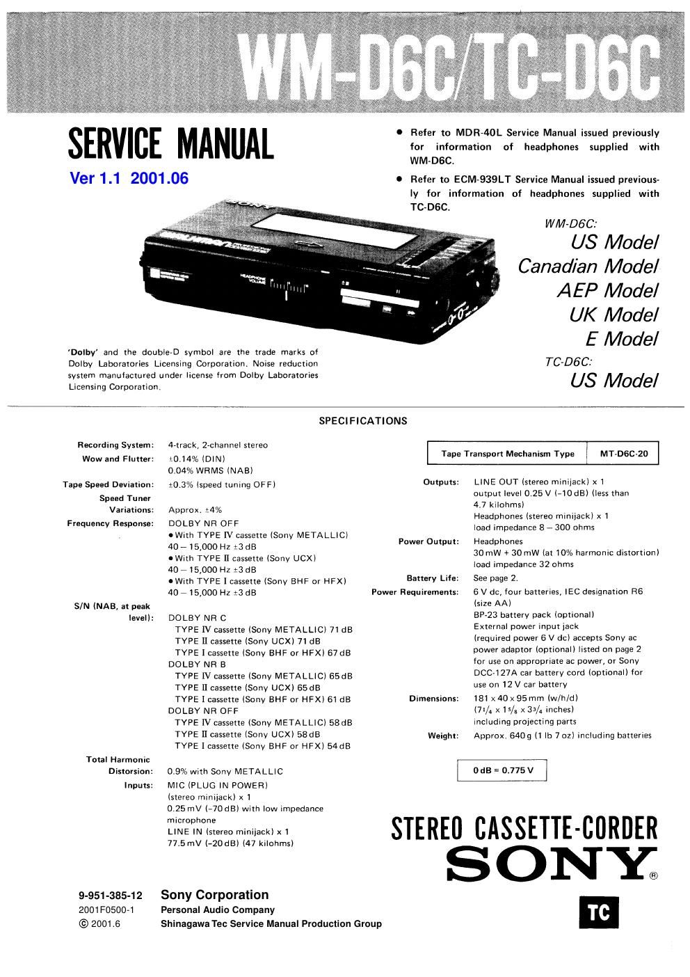 sony wm d 6 c service manual