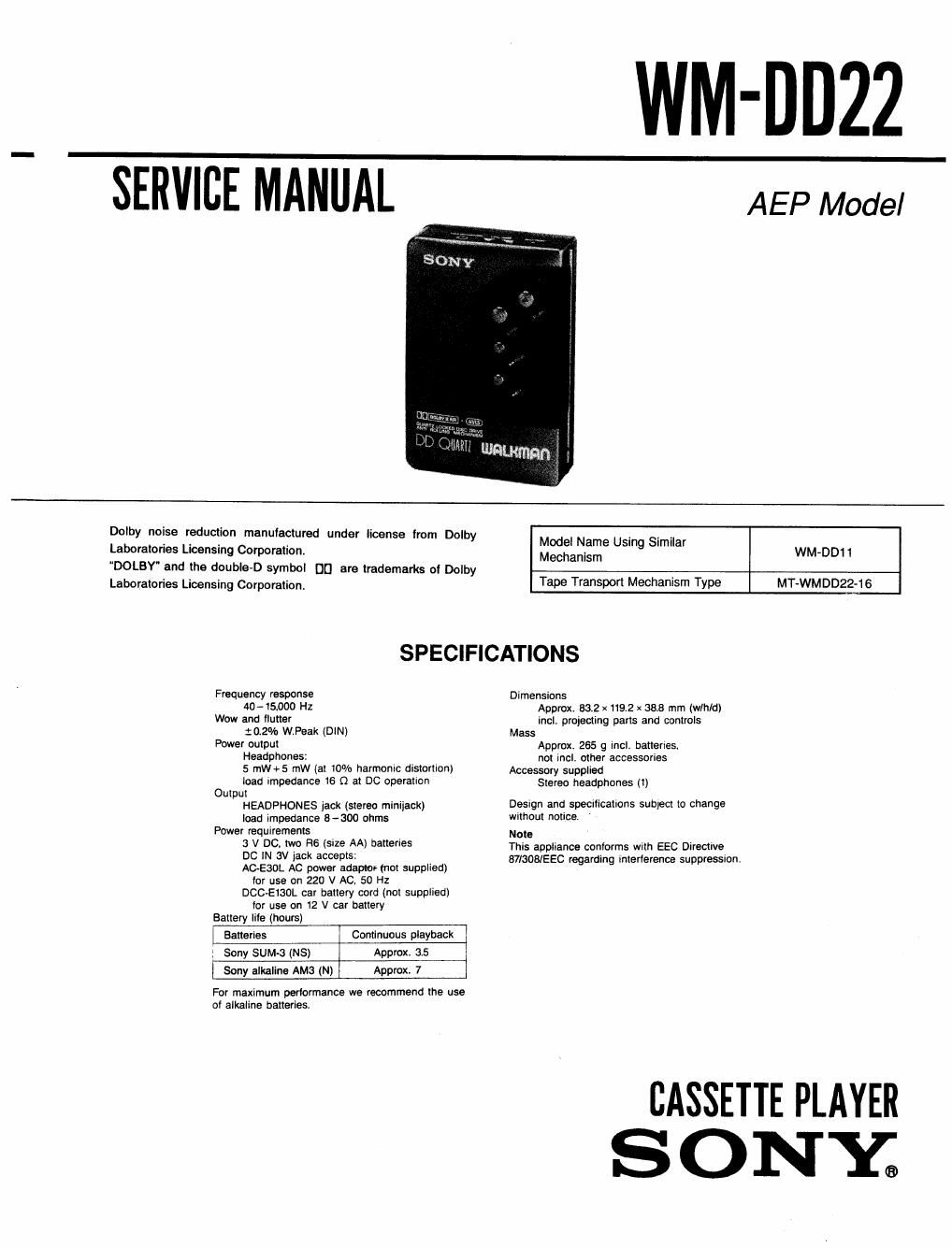 sony wm dd 22 service manual