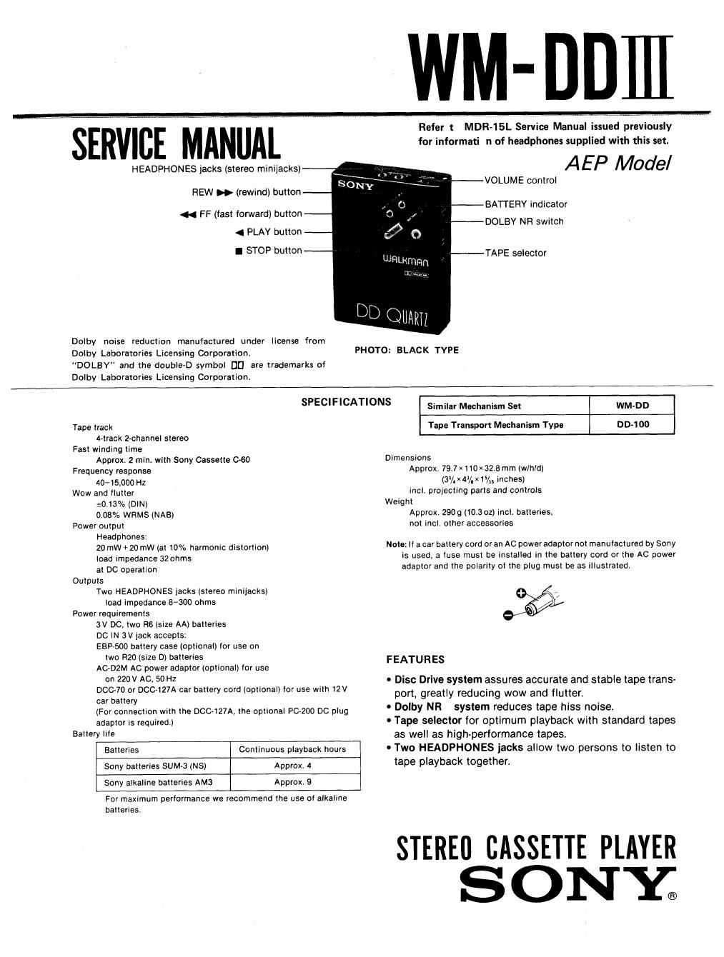 sony wm dd 3 service manual