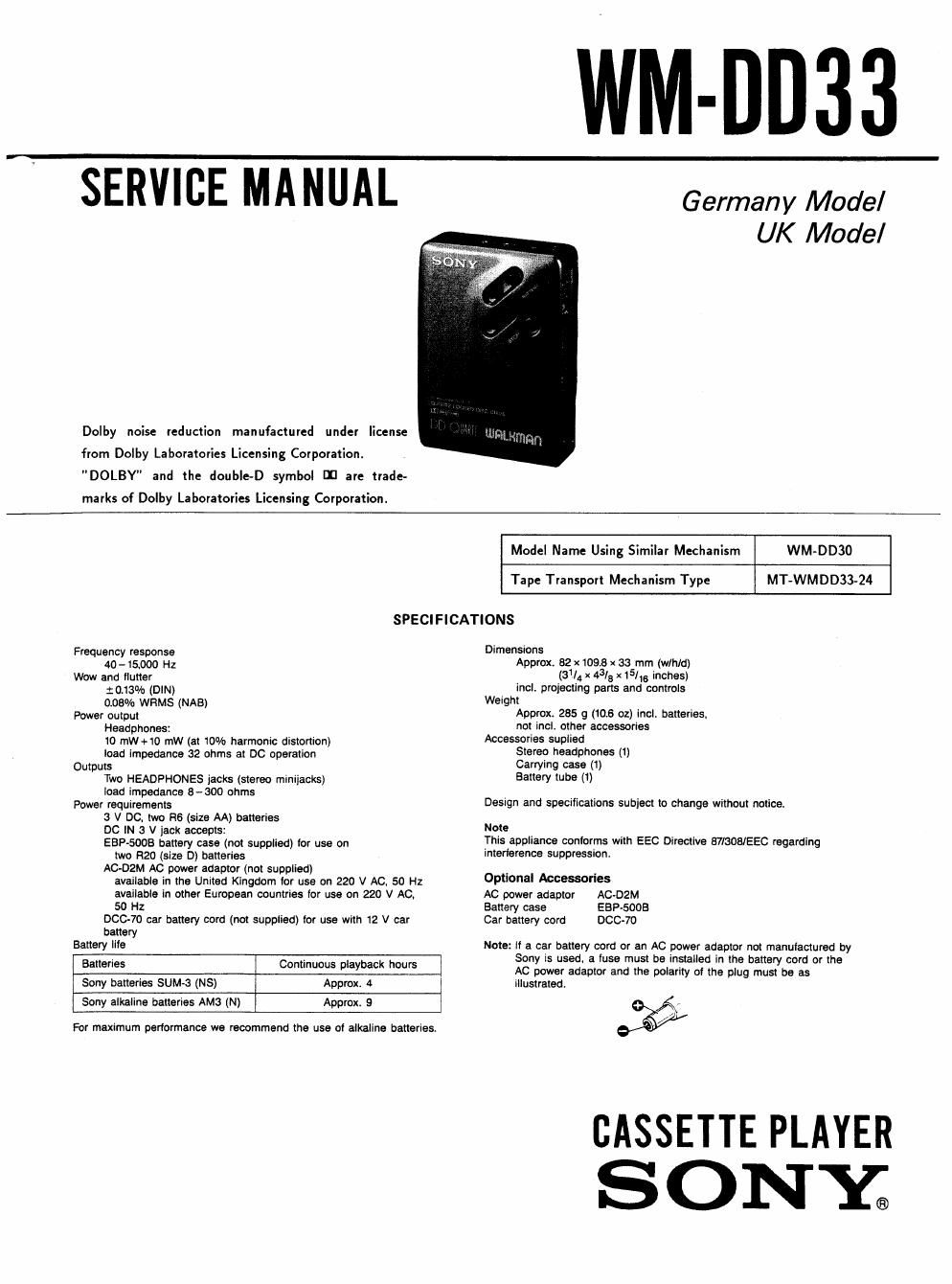 sony wm dd 33 service manual