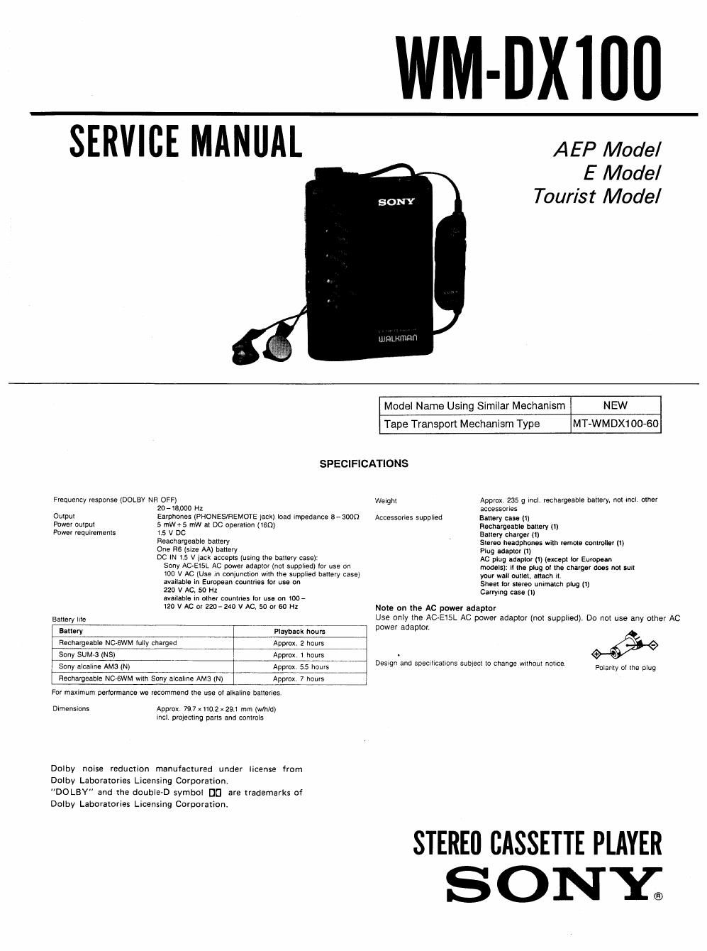 sony wm dx 100 service manual