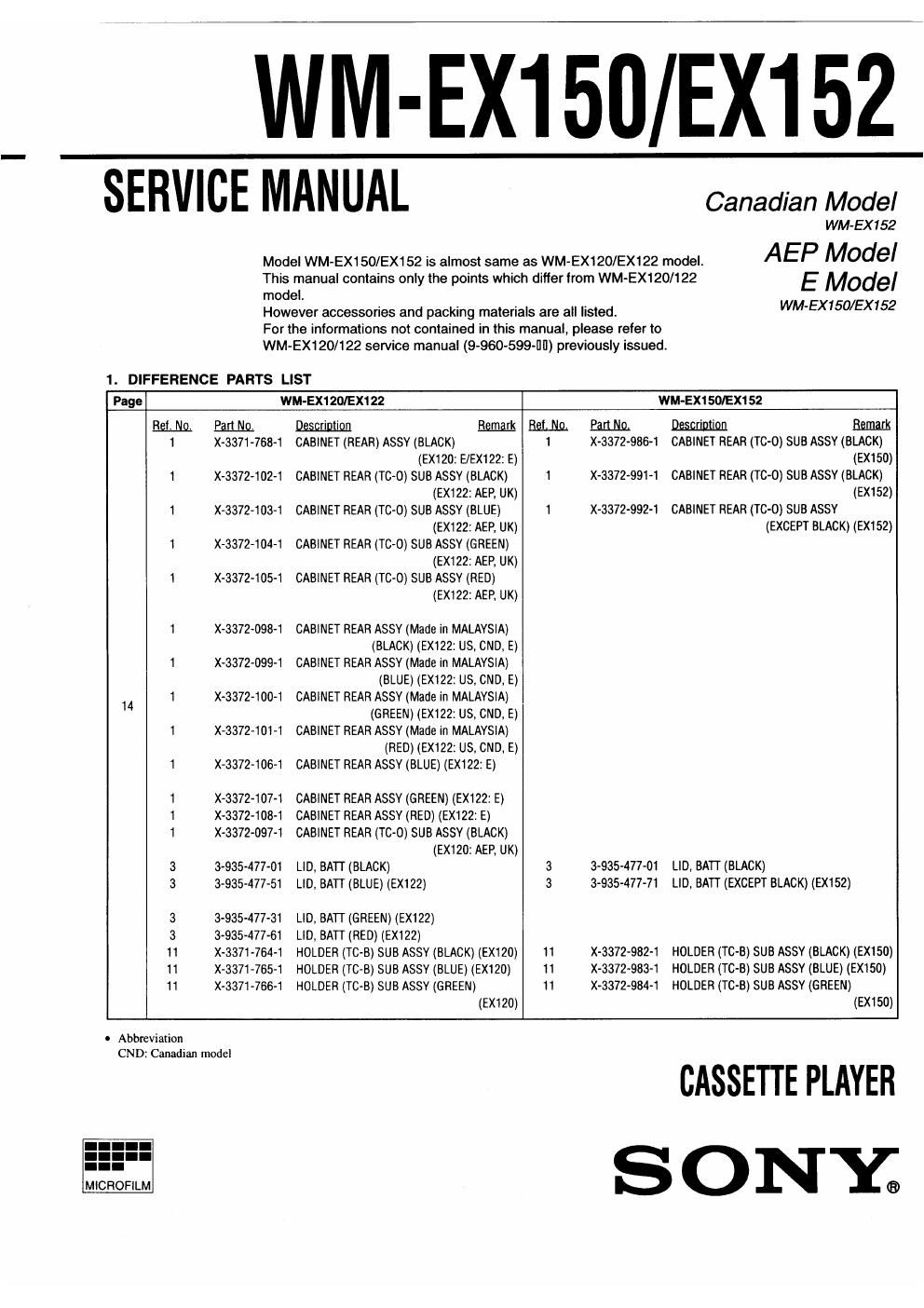 sony wm ex 152 service manual