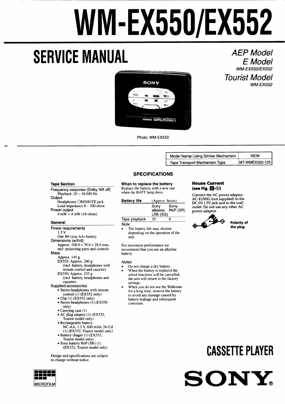 sony wm ex 552 service manual