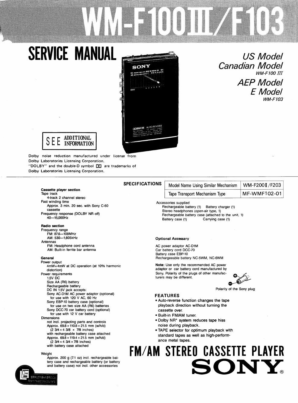 sony wm f 100 mk3 service manual