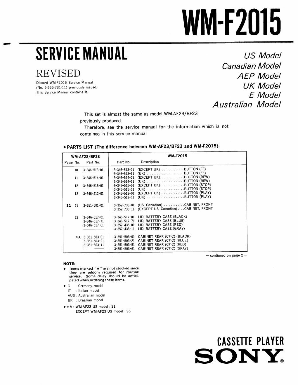 sony wm f 2015 service manual