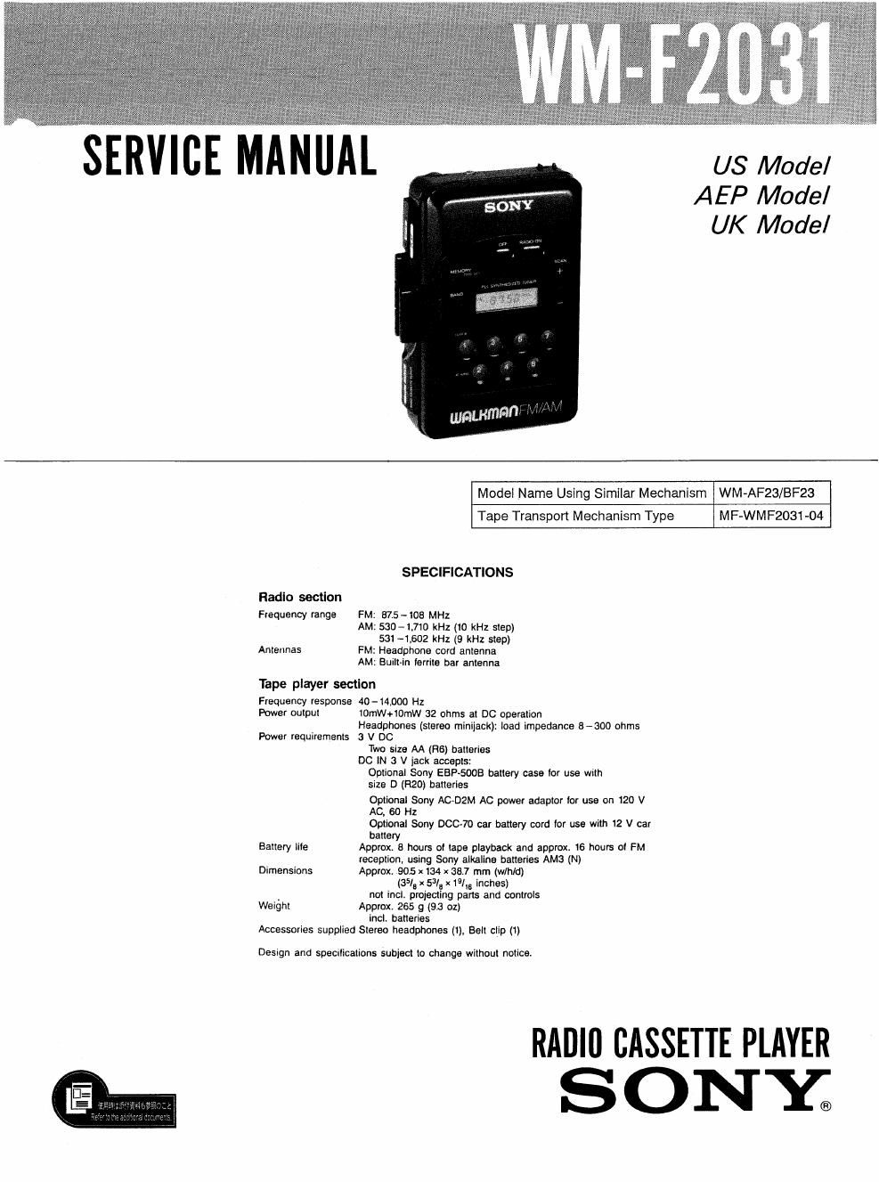 sony wm f 2031 service manual