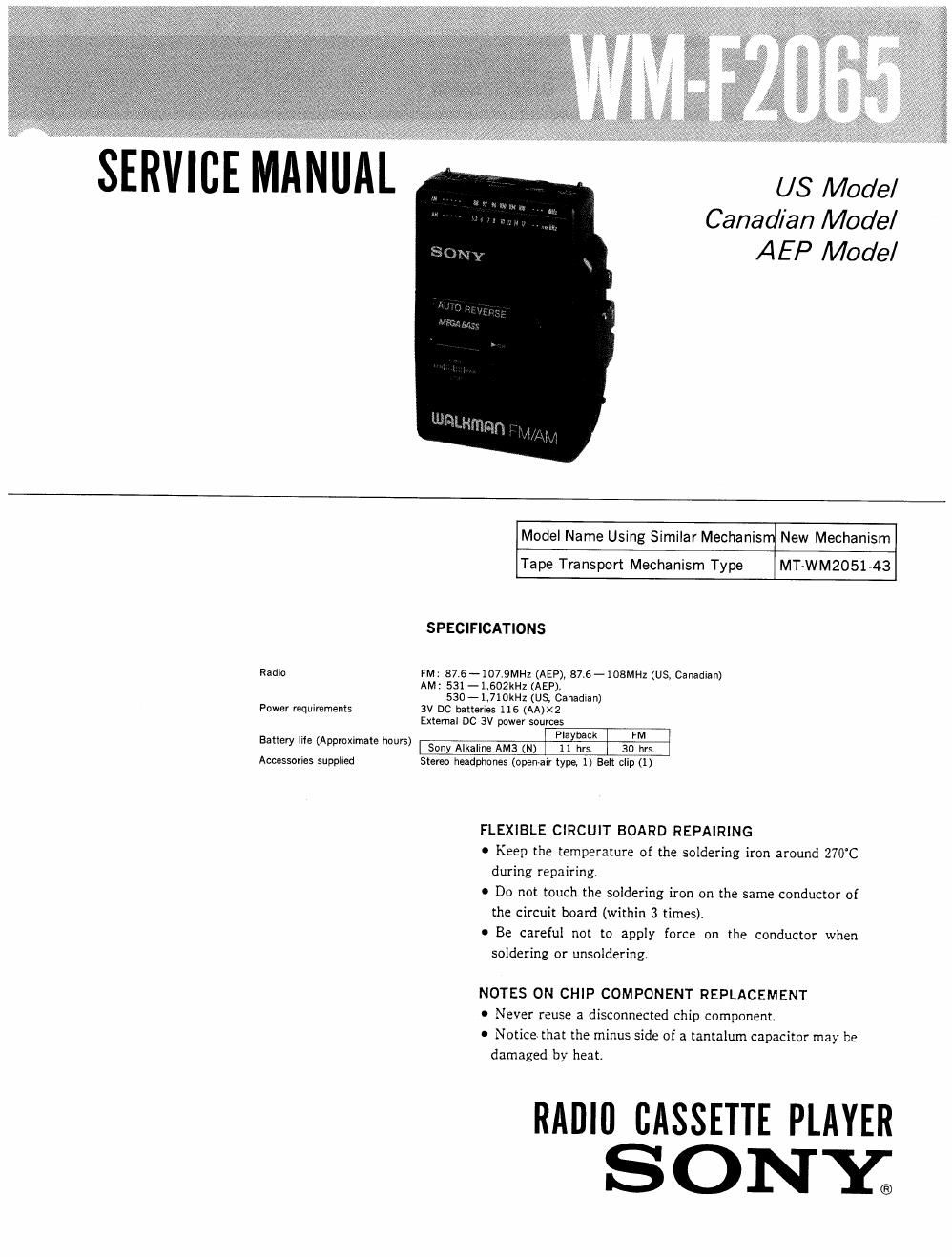 sony wm f 2065 service manual